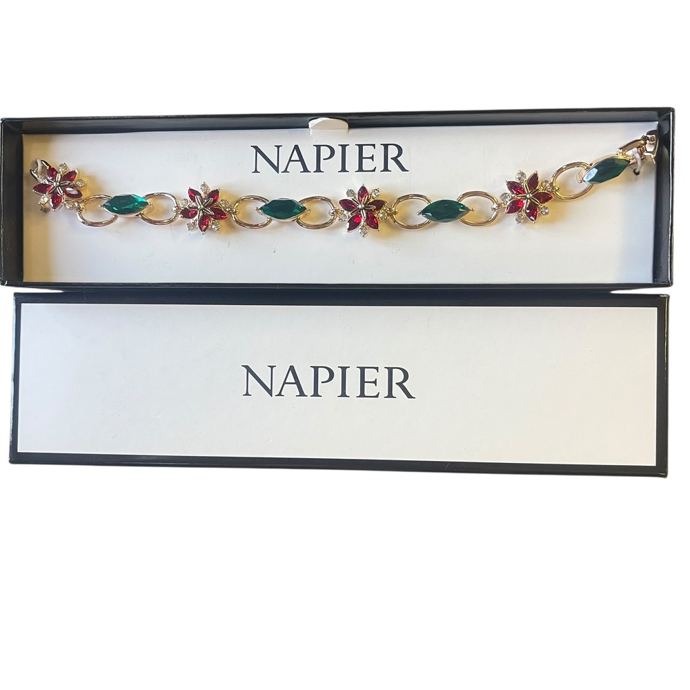 Napier Gold Tone Red Green Poinsettia Flower Crystal Chain Bracelet Boxed - Picture 3 of 6